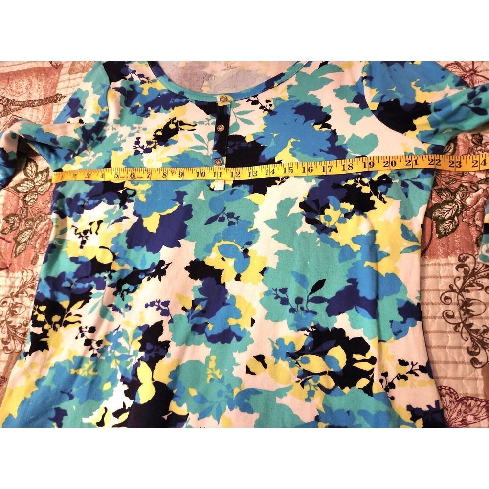 Anne klein‎ Women's Floral Top Round Neck Long Sleeve Cotton Blue Green Size XL - Picture 7 of 8